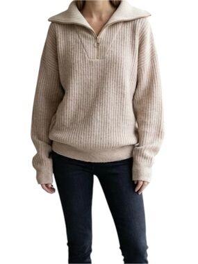 Loft Tan Oatmeal 1/4 Zip Ribbed Sweater Gold Cozy Relaxed Oversized Fit XXS